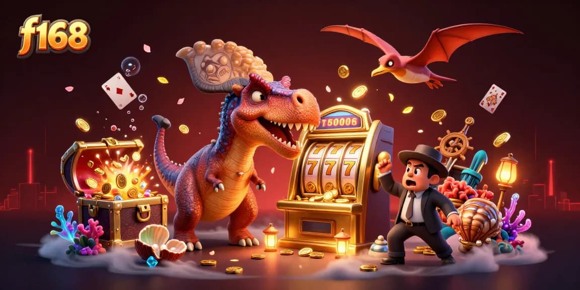 Experience the excitement of f168 with vibrant characters and gold coins flying amidst a dynamic casino scene.