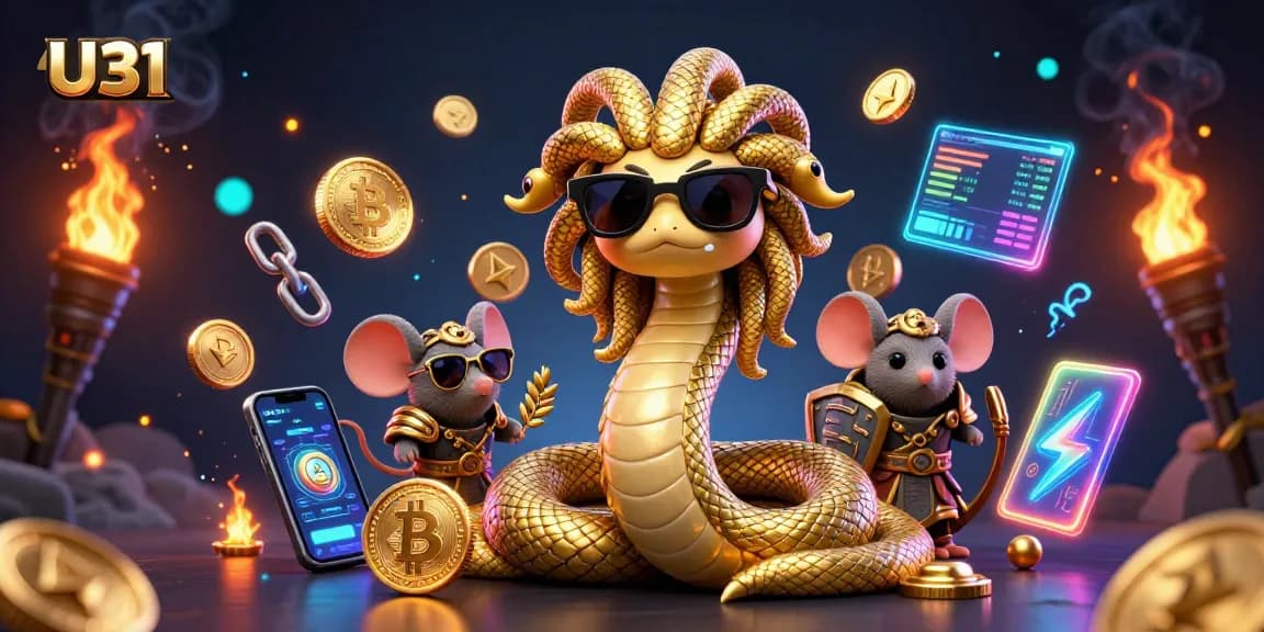 U31 showcases an engaging 3D casino scene featuring mystical characters amidst cryptocurrency symbols and gaming elements.