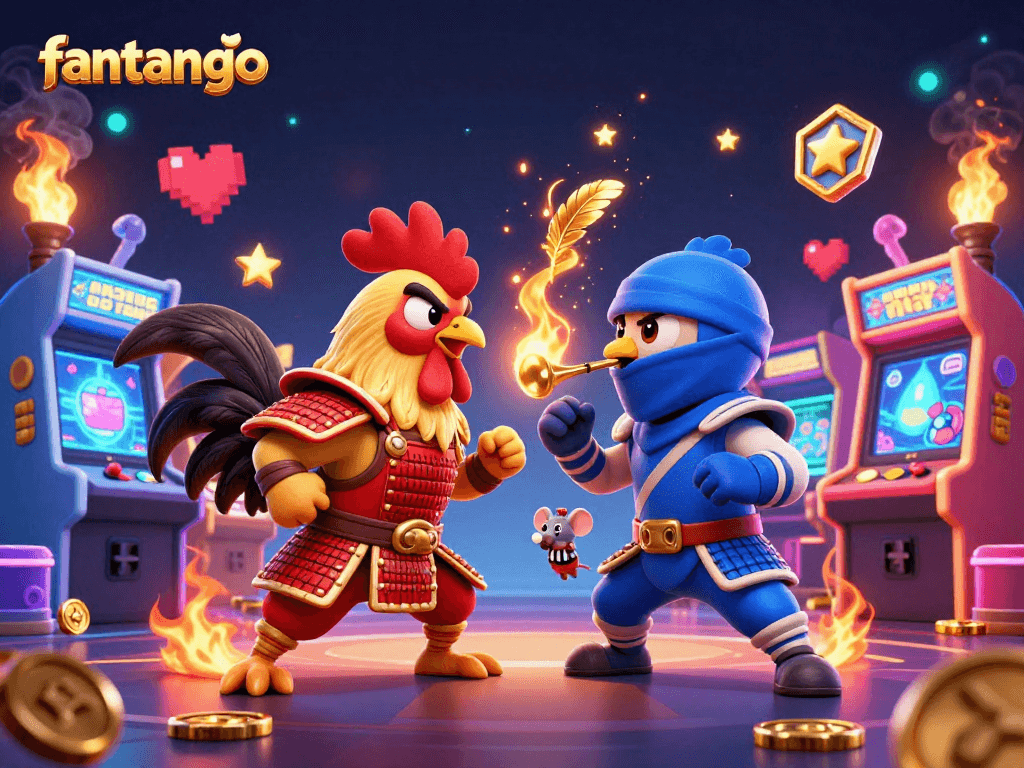 Experience thrilling fanango action with dynamic fighting roosters and vibrant gaming elements.
