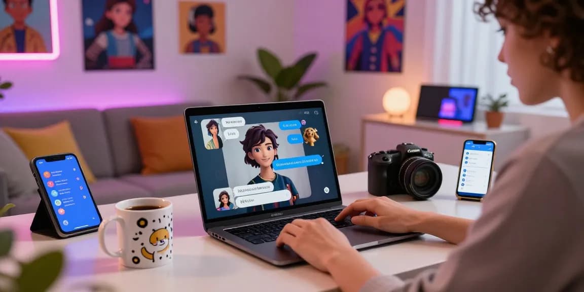Engaging NSFW chat interaction featuring customizable AI characters in a cozy home office setting.
