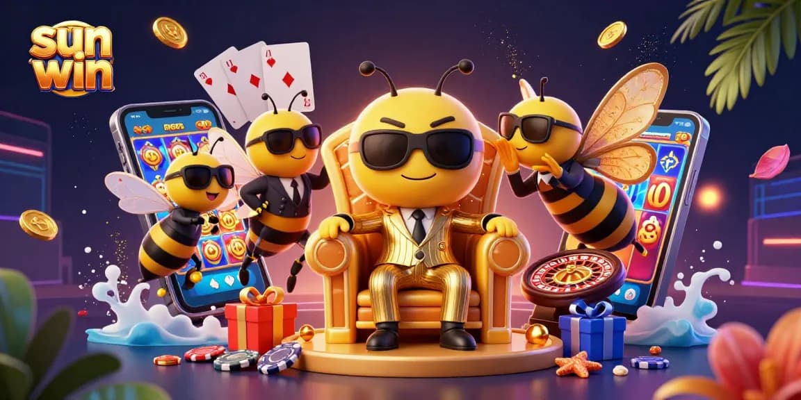 Spin and win with sun win's online slots featuring a bumblebee mob boss in a vibrant casino setting.