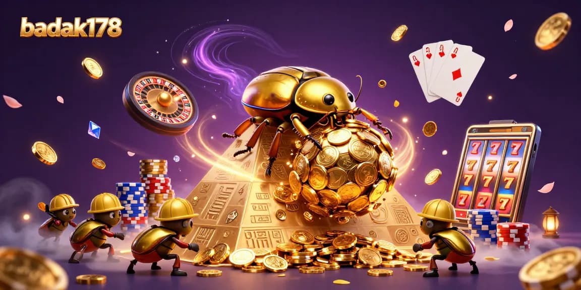 Spin the riches with badak178: a vibrant casino scene featuring golden coins and beetles.