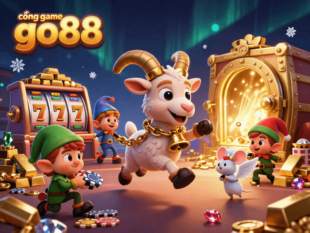 Spin to win at cổng game go88 with a lively casino scene featuring festive characters amidst riches.