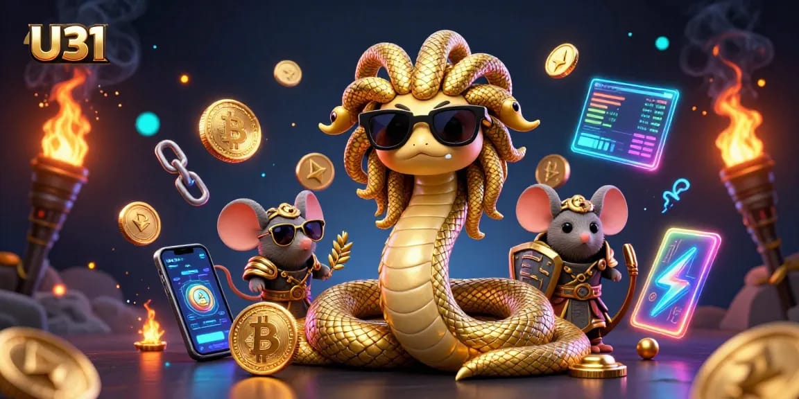 U31 showcases an engaging 3D casino scene featuring mystical characters amidst cryptocurrency symbols and gaming elements.