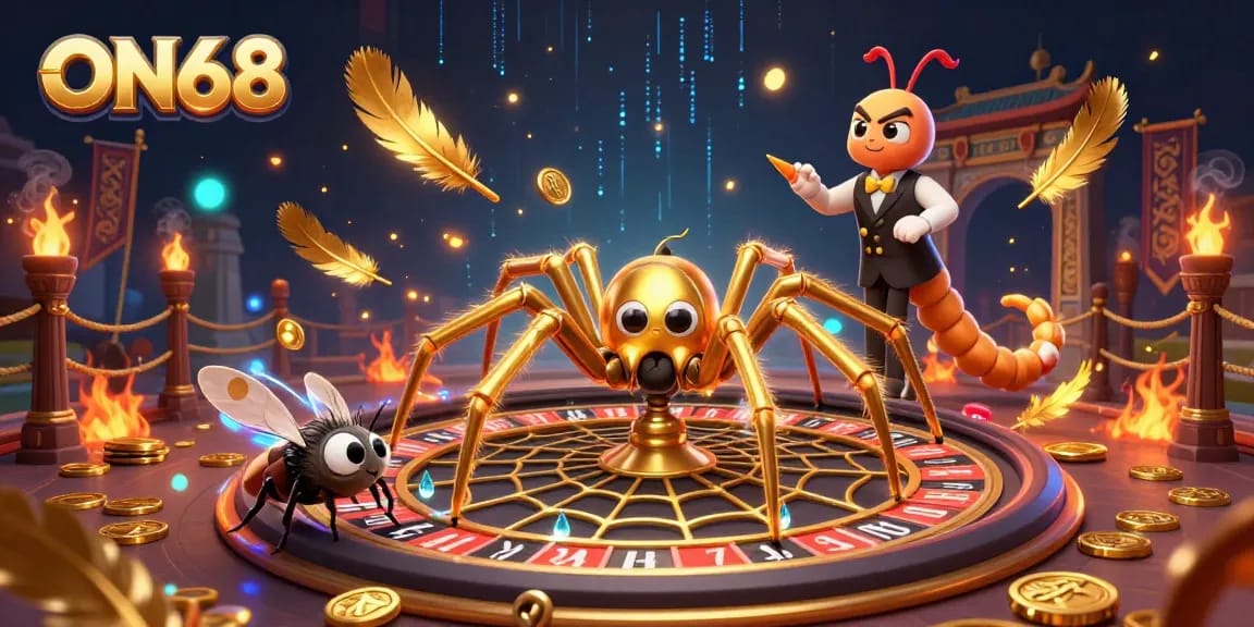 Engage in thrilling betting at ON68 with a spider croupier spinning a roulette web.