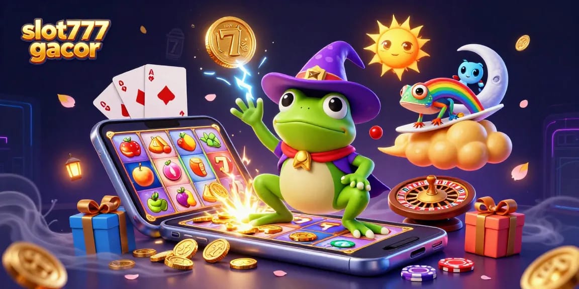 Experience the excitement of slot777 gacor with a vibrant scene of golden coins, colorful games, and enchanting characters.