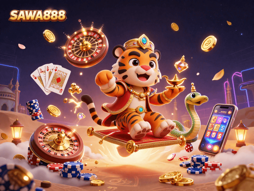 Spin the slots and win with SAWA888’s immersive gameplay in a vibrant casino scene.