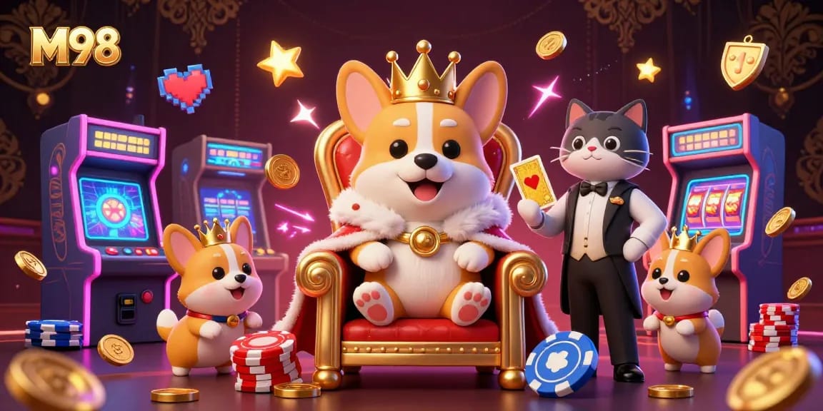 Experience thrilling gameplay at M98 with a royal corgi on a poker chip throne amidst dynamic casino elements.
