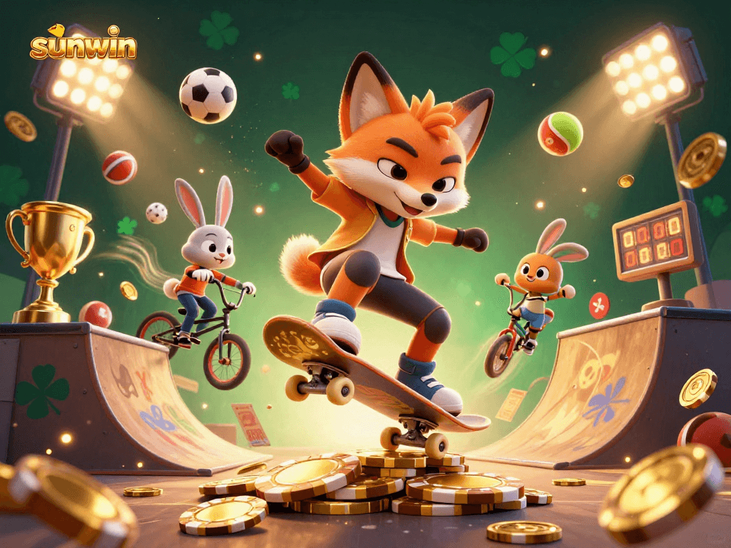 Experience high-energy thrills with sunwin's dynamic 3D cartoon betting scene featuring sports and casino elements.