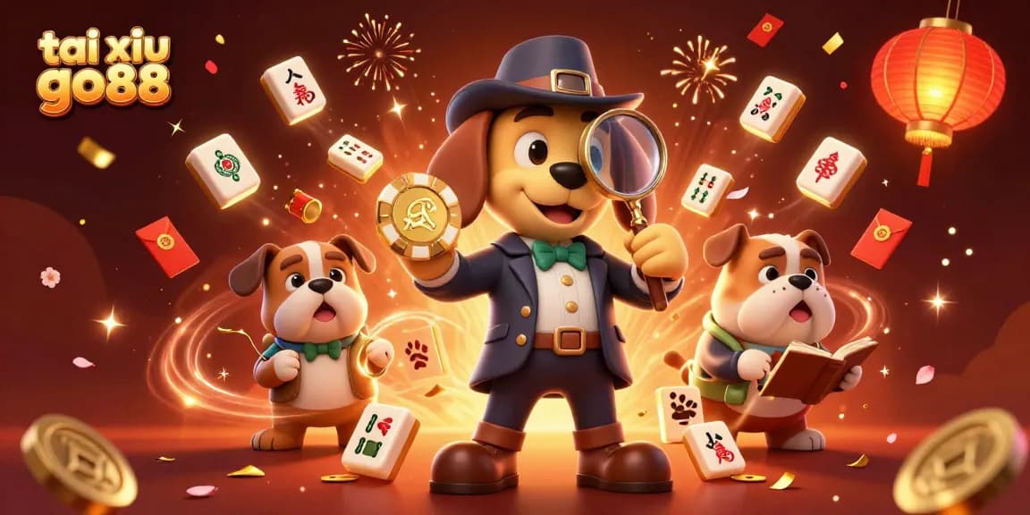 Experience the excitement of tai xiu go88 with detective characters uncovering treasures amidst festive symbols.