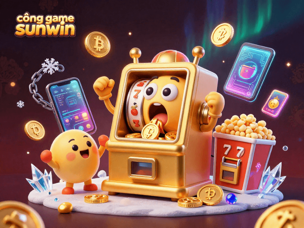 Engaging scene showcasing cổng game sunwin with a golden slot machine celebrating a jackpot surrounded by cryptocurrency elements.