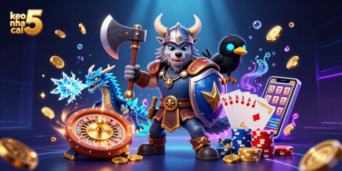 Experience thrilling bets with keo nha cai 5 featuring a Viking wolf, dragon, and raven amidst casino elements.