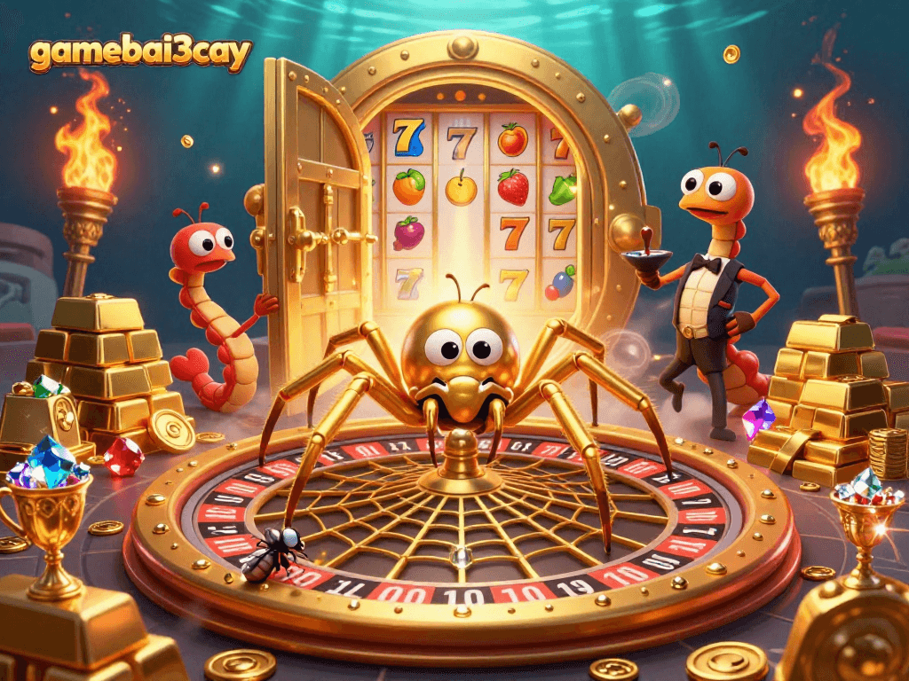 Engage in thrilling bets at gamebai3cay's roulette, surrounded by exuberant casino treasures.