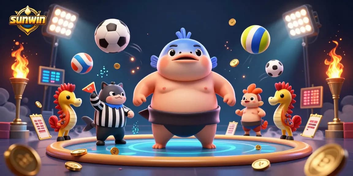 Experience thrilling gameplay with Sunwin at this vibrant underwater gamble featuring the fugu sumo and excited spectators.