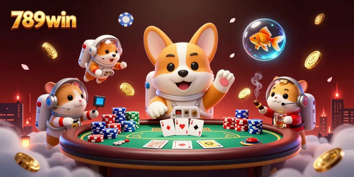 Engage with 789win in a vibrant space casino scene featuring a corgi and a hamster guiding players.