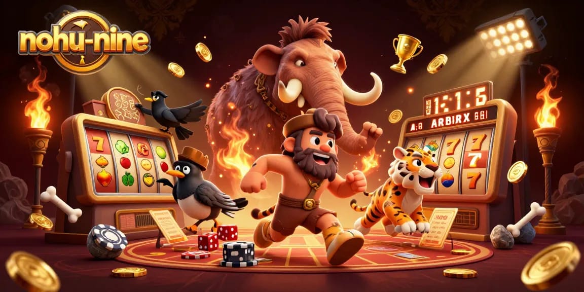 Play thrilling nohu-nine casino games with caveman and sabertooth tiger duo in a dynamic prehistoric scene.