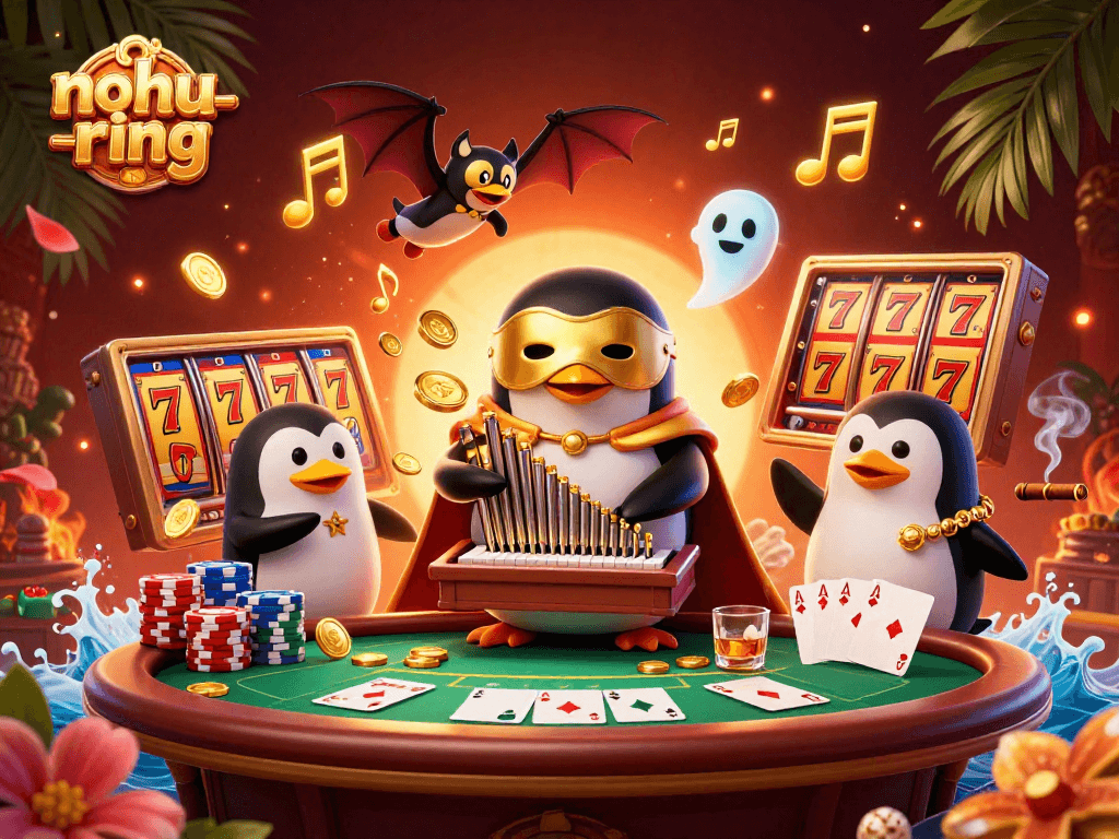 Nohu-ring showcases a vibrant scene with penguin and casino elements, creating excitement for players.