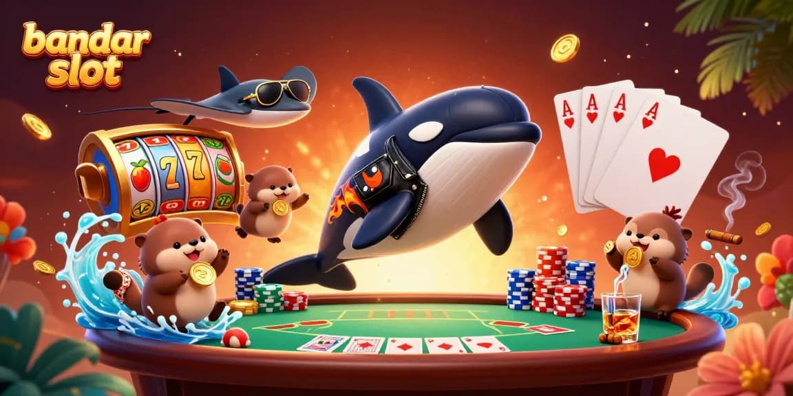 Experience the thrill of bandar slot gaming with an orca in leather and coin-holding otters.