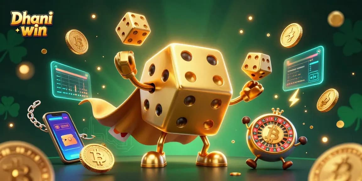 Dhani win presents dynamic gaming excitement with a golden dice golem and vibrant crypto elements.