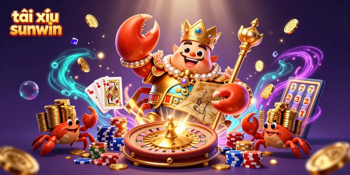 Play exciting tài xỉu sunwin with golden crab emperor and treasure elements in this vibrant casino scene