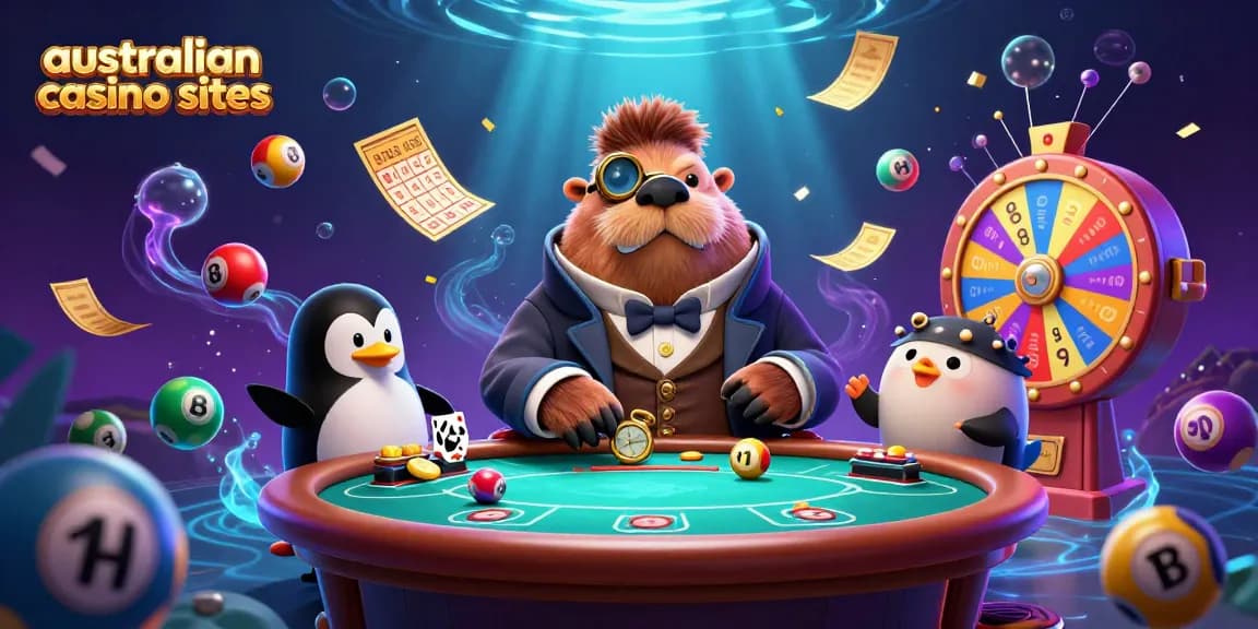 Experience fun at australian casino sites with a jovial walrus playing poker underwater.