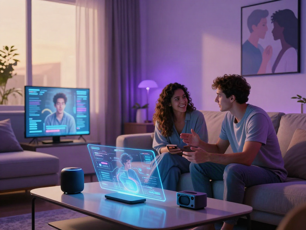 Couple exploring AI sex technology in a stylish living room.