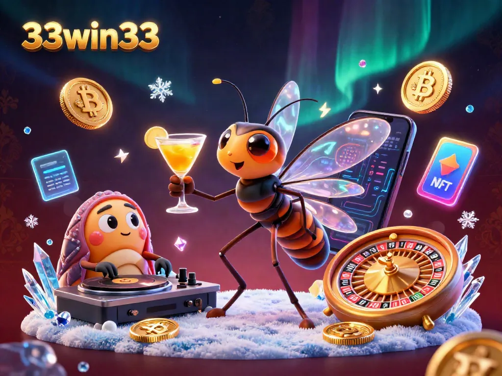 Spin the roulette wheel with 33win33, featuring vibrant casino characters and cryptocurrency elements.