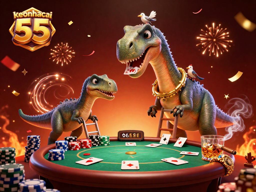 Engage with keonhacai 55 as a giant comic brontosaurus towers over a poker game, showcasing thrilling card action.