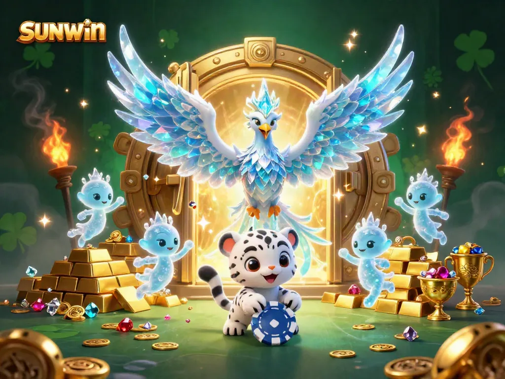 Experience thrilling betting with SUNWIN, highlighted by a stunning ice phoenix and treasures in an enchanting scene.