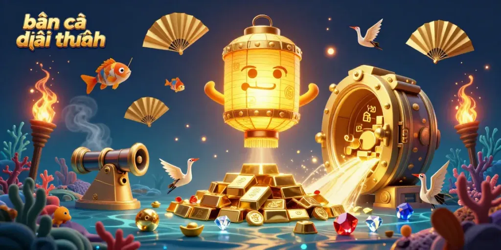 Experience the thrill of bắn cá đổi thưởng with vibrant underwater characters and treasure elements illuminating the scene.