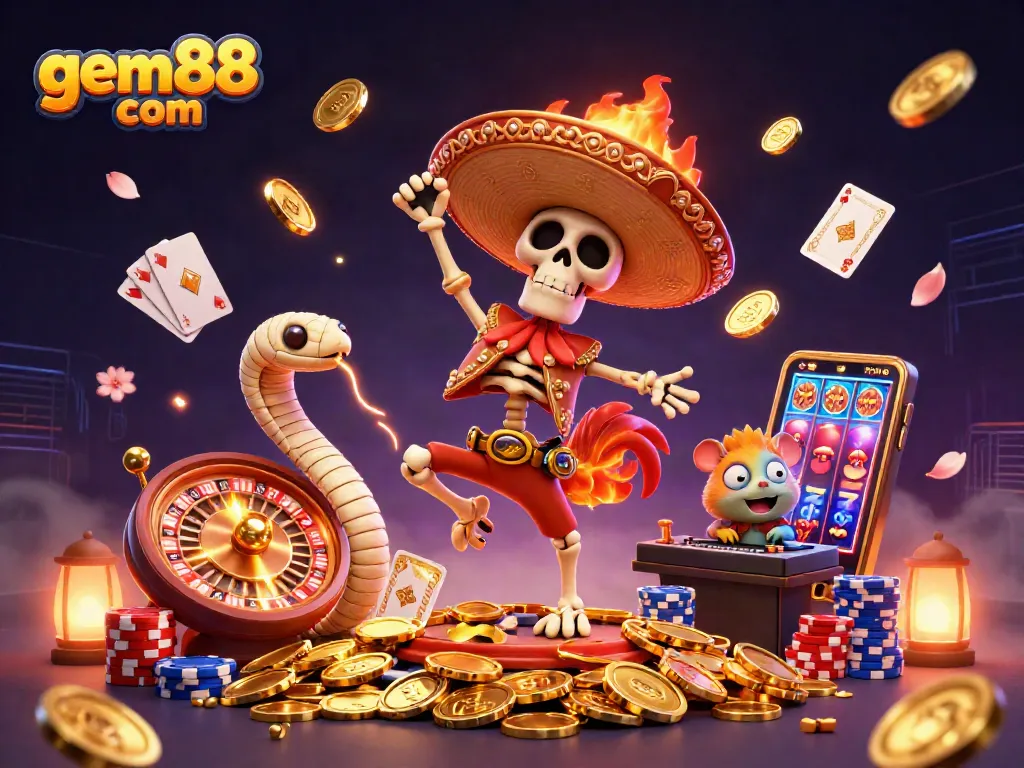Experience the excitement of gambling at gem88 com with colorful characters celebrating amidst cascading coins.