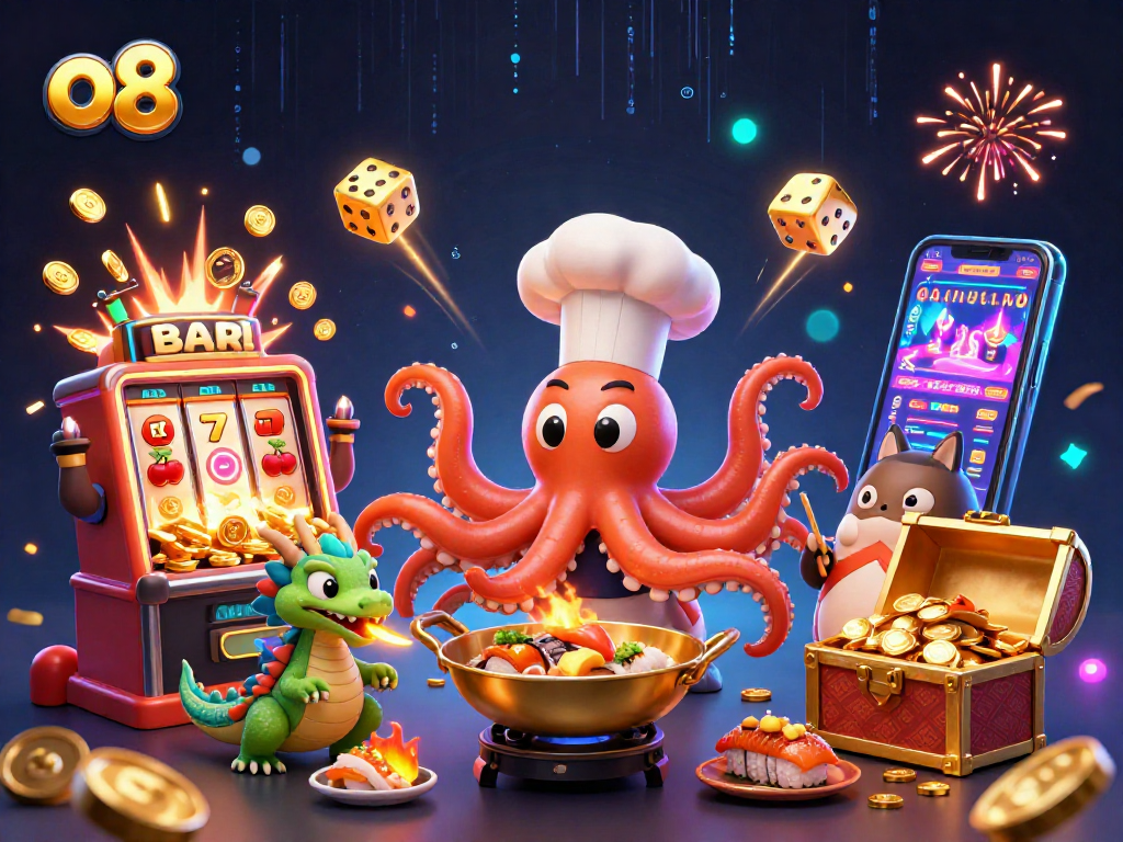 Experience the thrilling world of o8 with a vibrant illustration showcasing a sushi chef octopus and a dragon in a dynamic casino scene.
