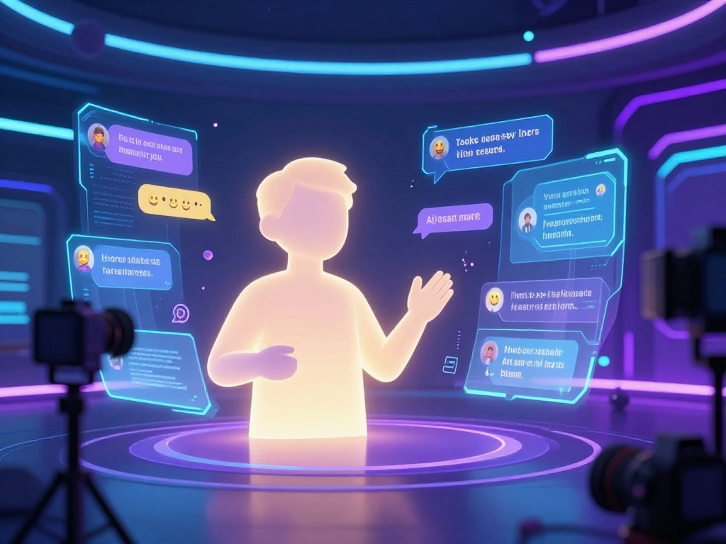 Interactive AI sex chat avatar engaging in a futuristic virtual dialogue in a glowing digital environment.