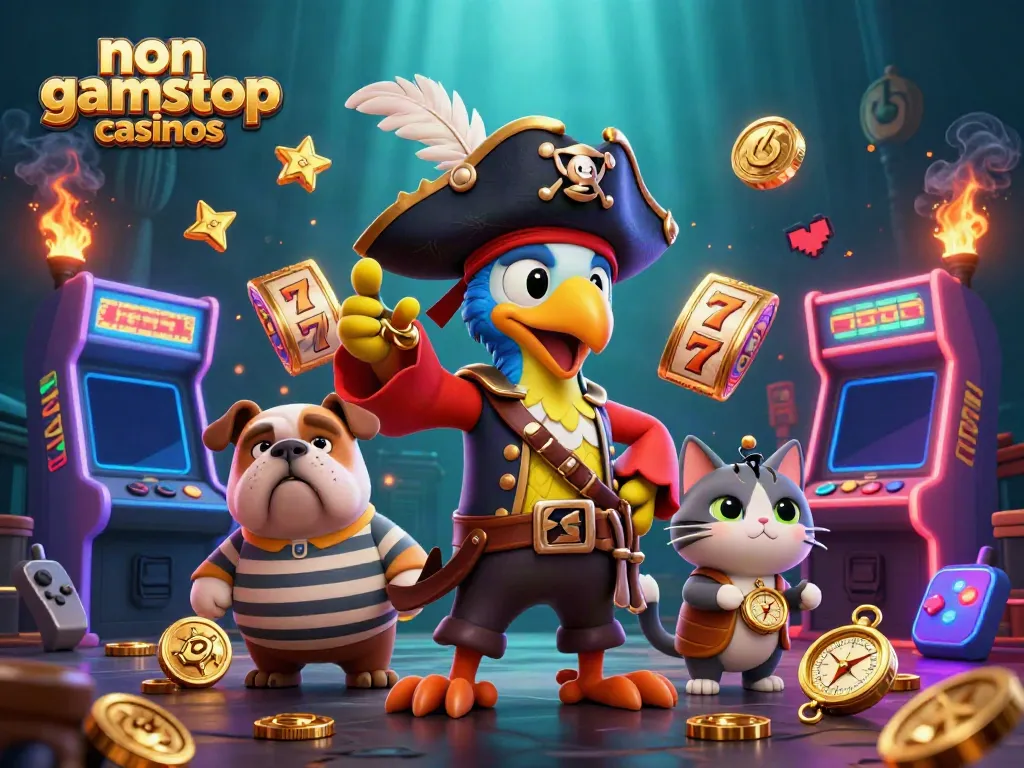 Engage with non gamstop casinos in a vibrant 3D illustration of a pirate captain and cartoon characters in a gaming scene.
