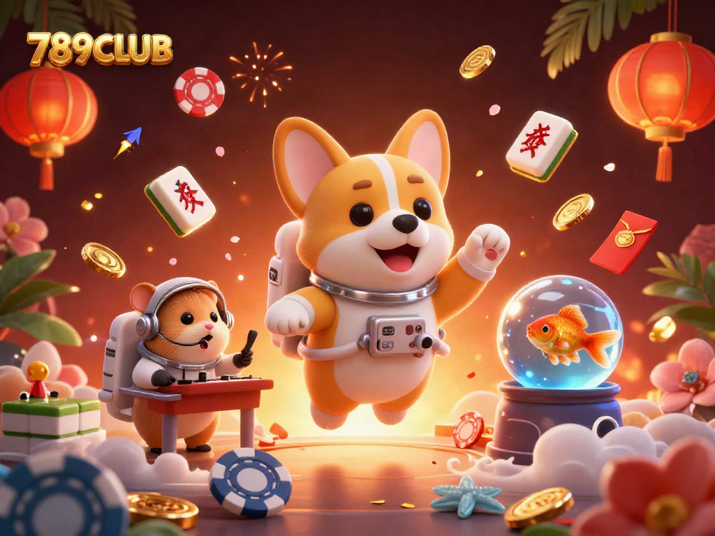 Experience the excitement of 789CLUB casino with a playful astronaut corgi, floating poker chips, and vibrant decorations.