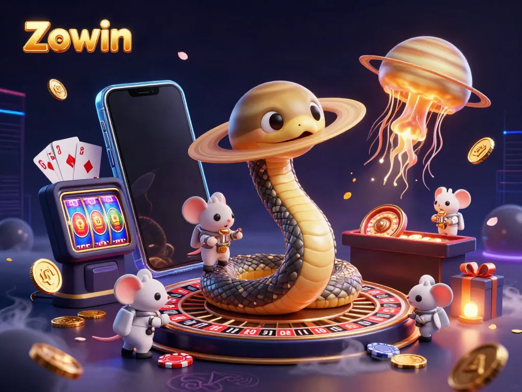 Engage with Zowin's immersive casino experience as cartoon characters bet in a cosmic scene.