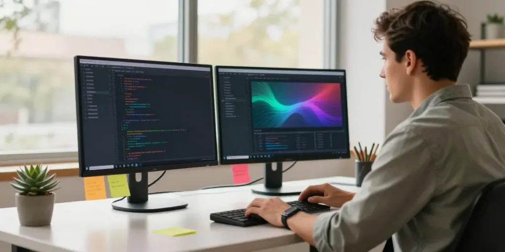 Developer coding in a tech workspace with dual monitors showcasing instant indexing tools.