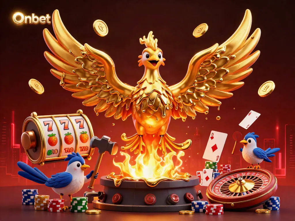 Experience Onbet's thrilling atmosphere with a molten metal phoenix and colorful casino elements.