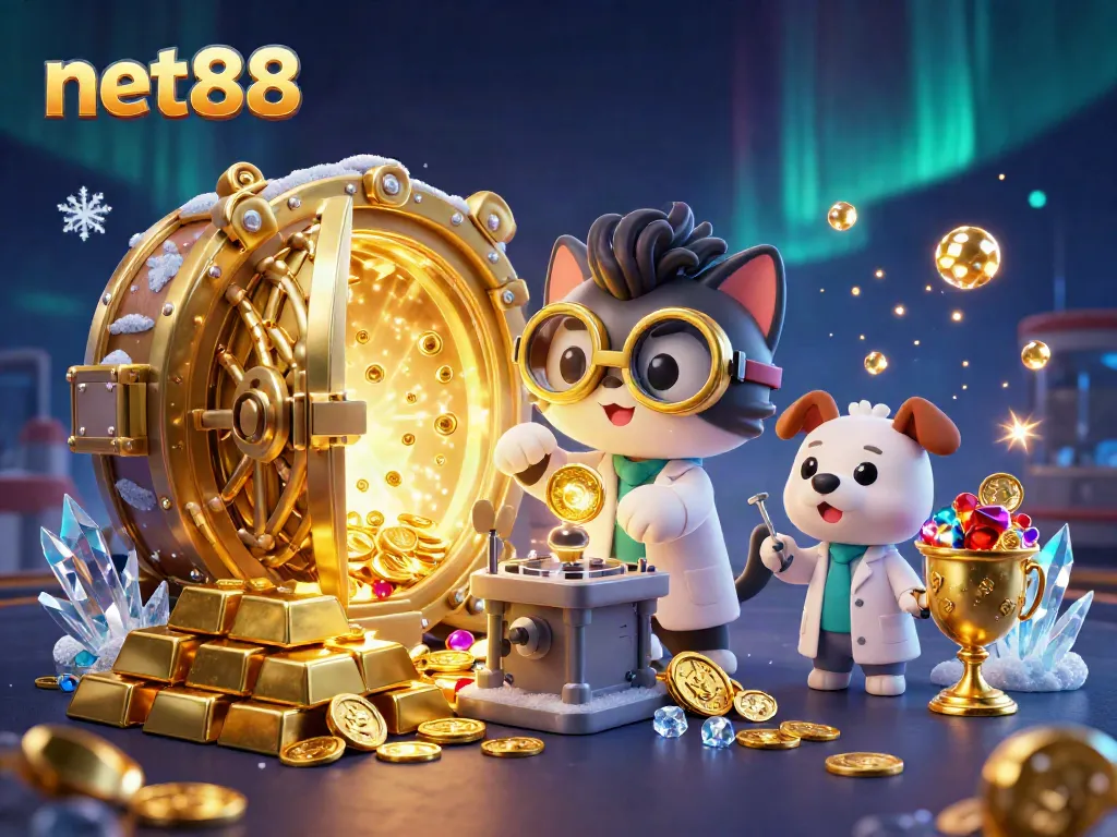 Experience a thrilling moment in net88 as a mad scientist cat invents a gold-coin machine surrounded by treasures.