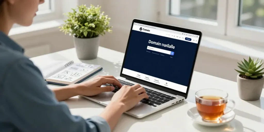 Engaged professional searching to buy domain without hosting in a bright home office.