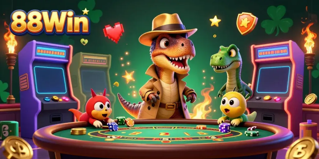 Engaging 3D scene of velociraptor card counter and stegosaurus pit boss at blackjack table, showcasing 88Win.