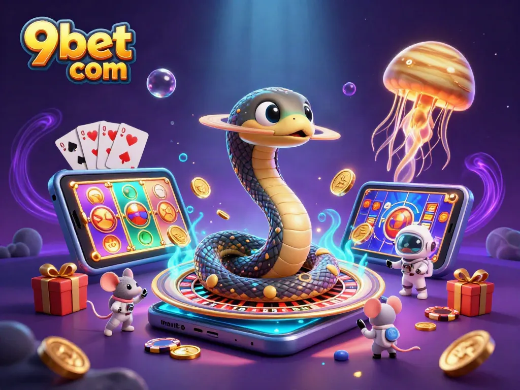 Experience the excitement of 9bet com with unique characters and dynamic casino elements in a vibrant 3D scene.