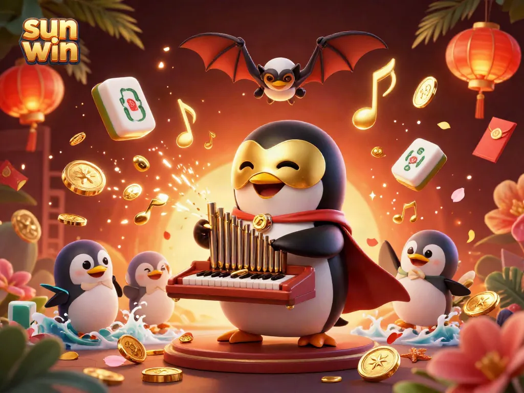 Experience the thrill of sun win with a vibrant casino scene featuring a penguin playing an organ releasing coins.
