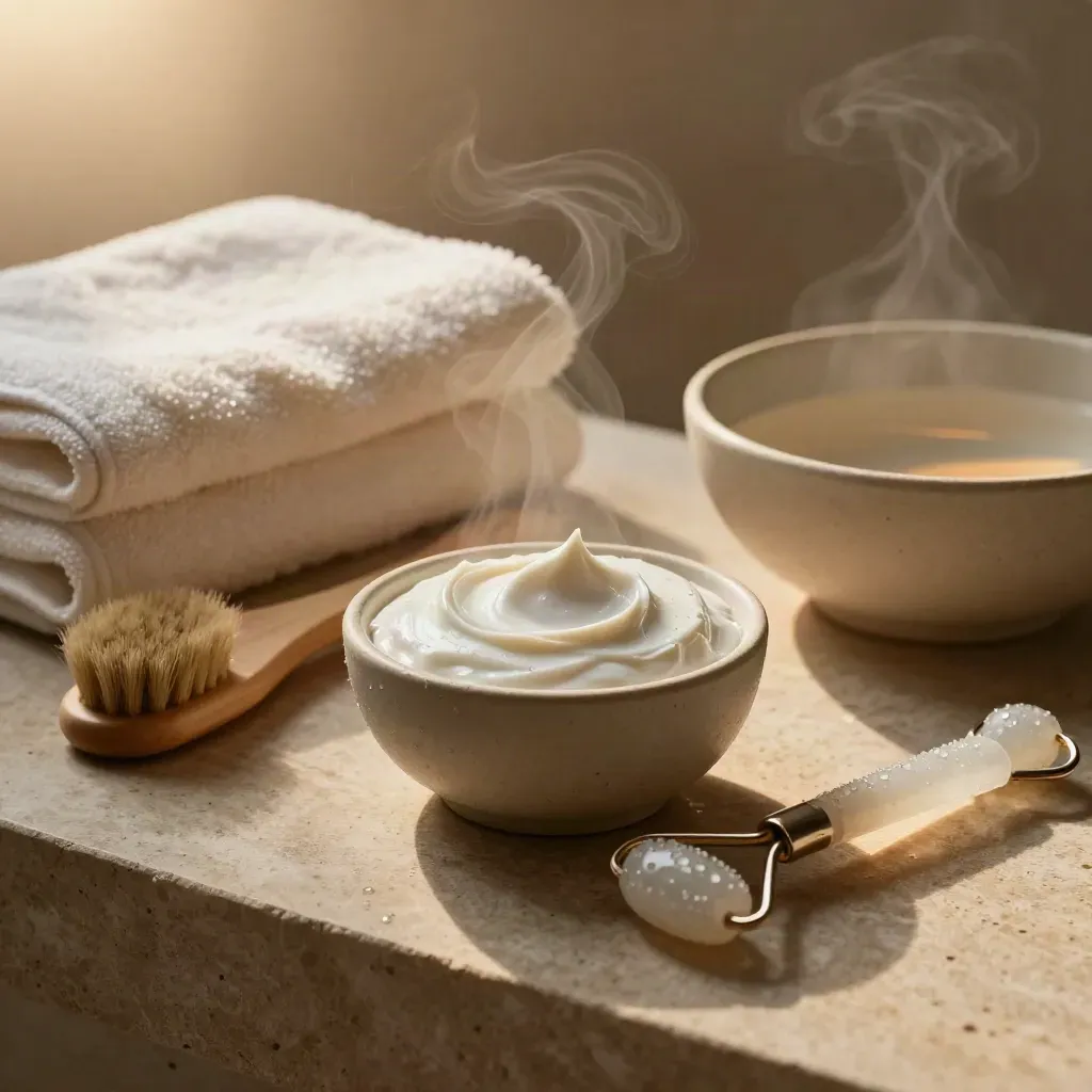 Macro facial station with steamed towels, cream masque, brush and chilled rollers on limestone