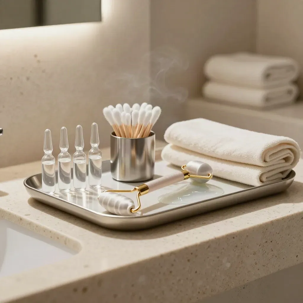 Wrinkle-care tray with ampoules, cooling roller and gel pad on travertine in a clinic alcove