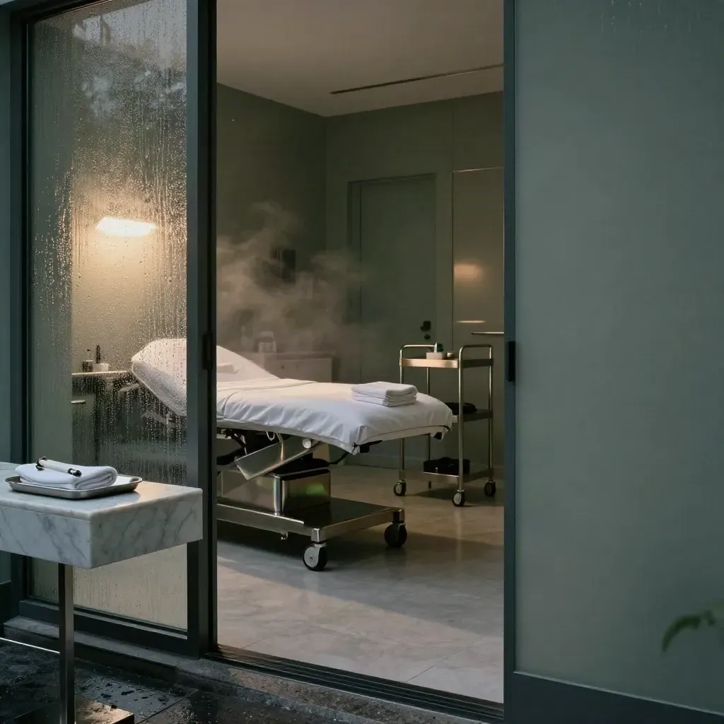 Twilight clinic suite with frosted glass, marble, towels, trolley and glowing treatment bed.