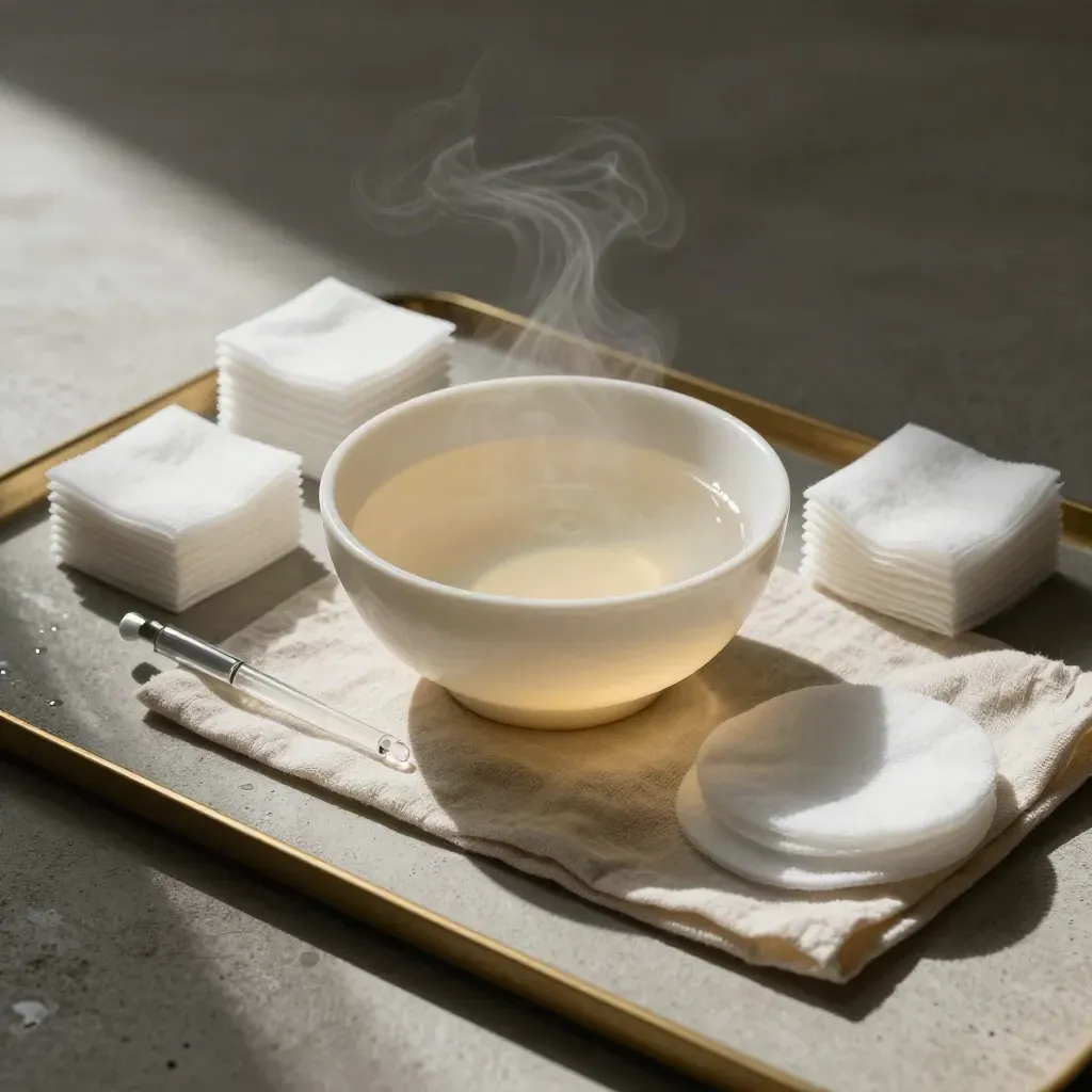 Overhead still life of resurfacing peel, gauze, pipette and cotton pads on pale concrete.