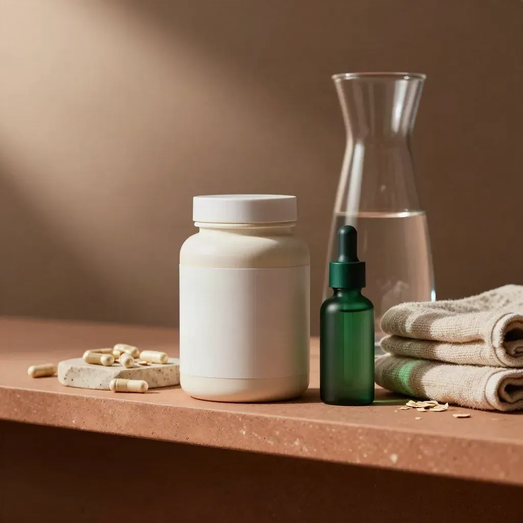 Wellness still life with supplement jar, carafe, serum bottle, towel and capsule dish on a warm shelf.