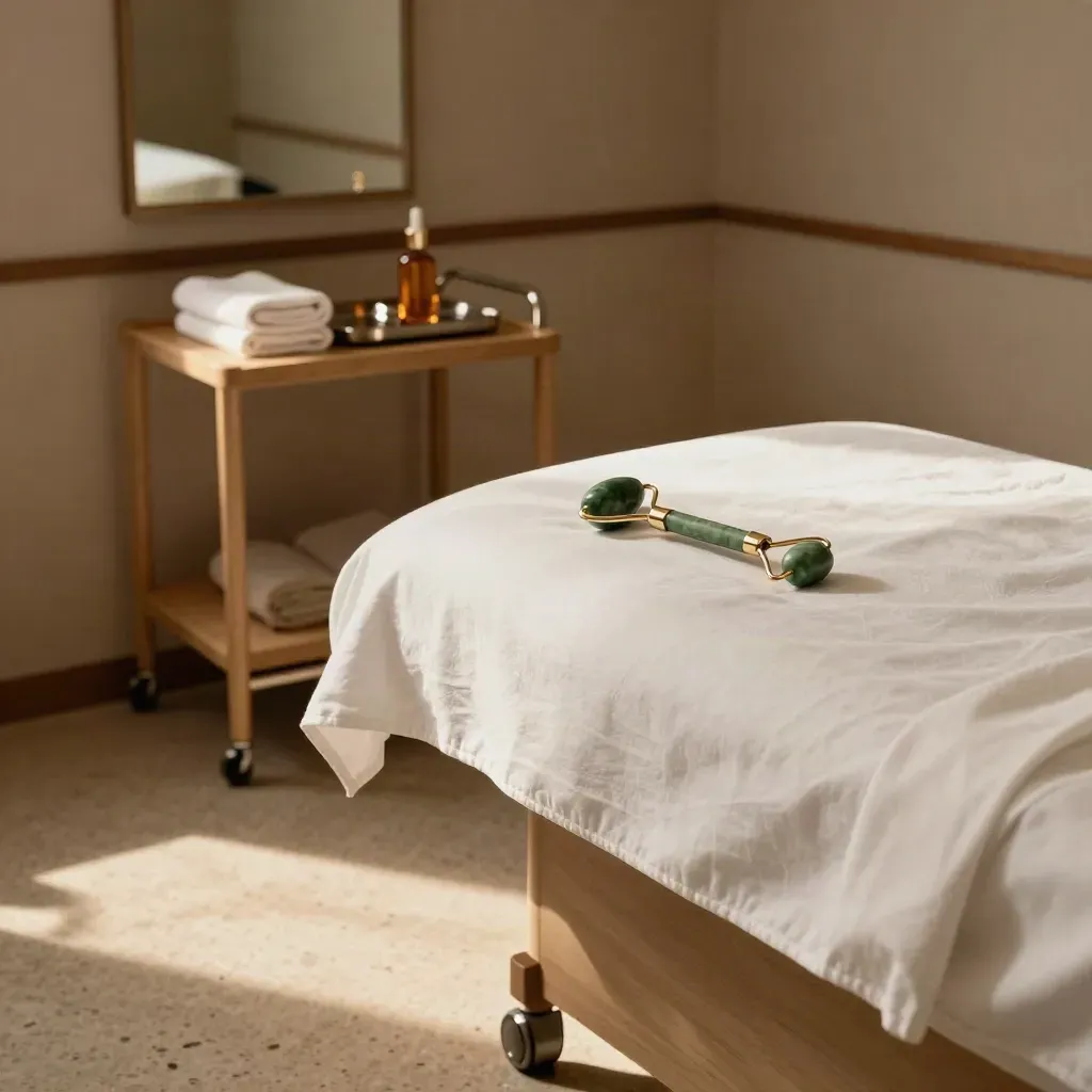 Pristine facial room with bed, serum bottle, roller and mirror in warm afternoon light.
