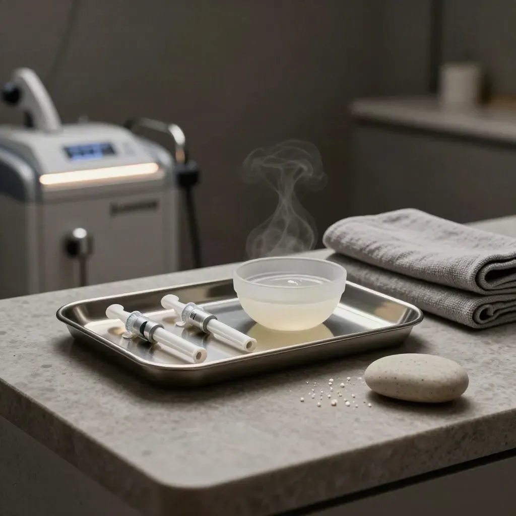 Microneedling cart, peel bowl and stone counter in a calm post-treatment clinic interior.